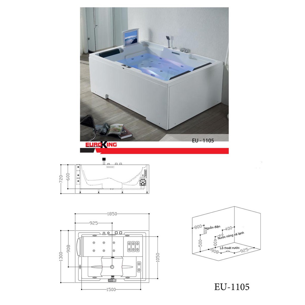 Bồn tắm massage cao cấp Euroking EU-1105, bao vận chuyển và lắp đặt