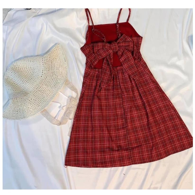 [CÓ ẢNH THẬT] Váy caro đi biển 2 dây đỏ có nơ sau xinh xắn - Đầm 2 dây cao cấp Zuca Shop  ཾ