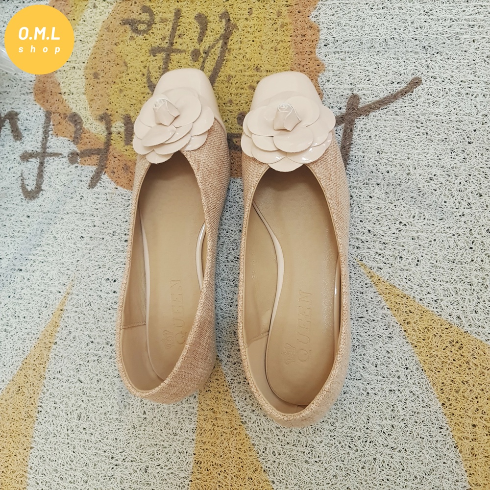 Giày búp bê hoa trà mũi vuông nữ tính, cổ điển