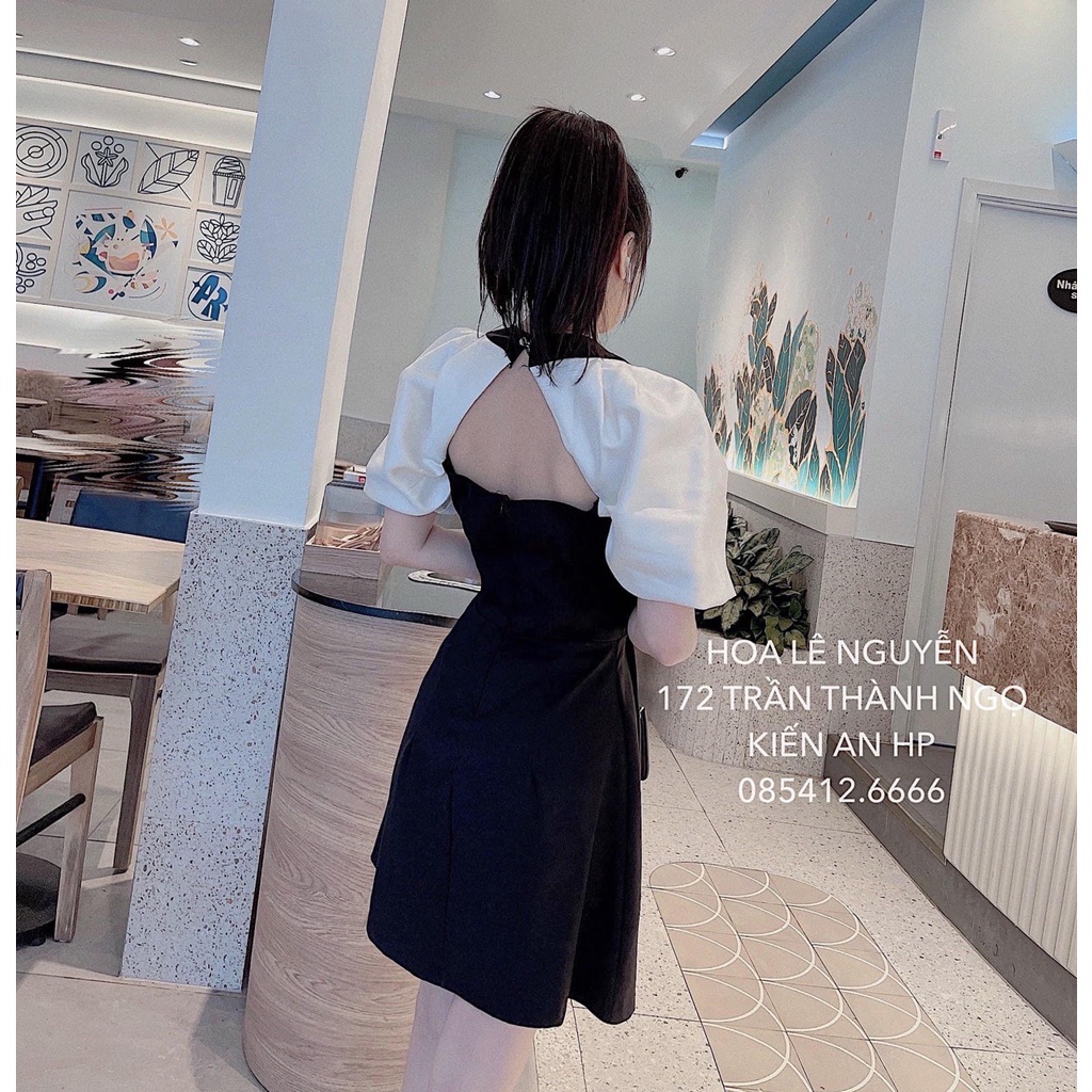Đầm sơ mi hở lưng thiết kế tay bồng váy tiểu thư nữ cúc bọc DN532