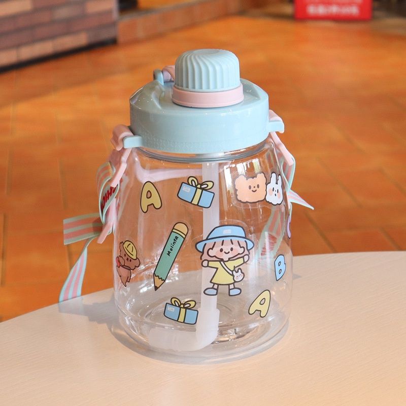 Bình Nước 1l❤️FREESHIP❤️Ly nước cute Dung Tích 1lít/1000ml Kèm Dây Đeo Và Sticker Đáng Yêu