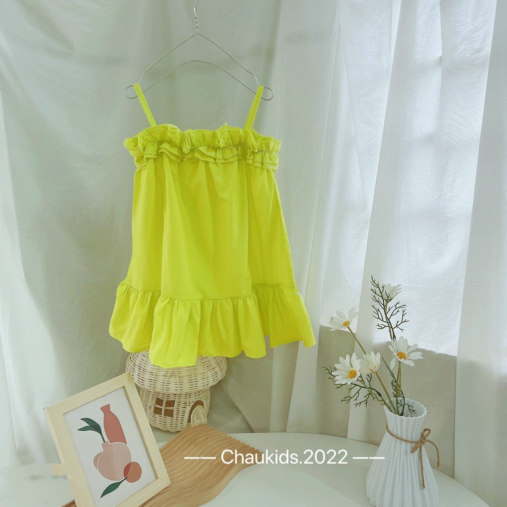 Váy babydoll 2 dây bé gái, váy 2 dây suông bèo nhún màu xanh siêu hot cho bé