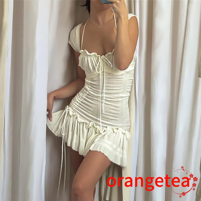 Đầm Tay Ngắn Dáng Ôm Màu Trắng Phối Dây Rút Thời Trang Mùa Hè Quyến Rũ Cho Nữ