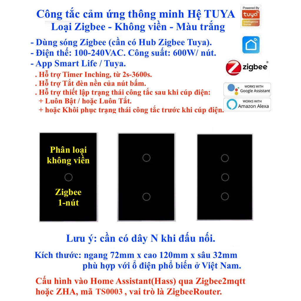 Công tắc thông minh, Zigbee, App Smart Life / Tuya Smart / Home Assistant (Hass) -