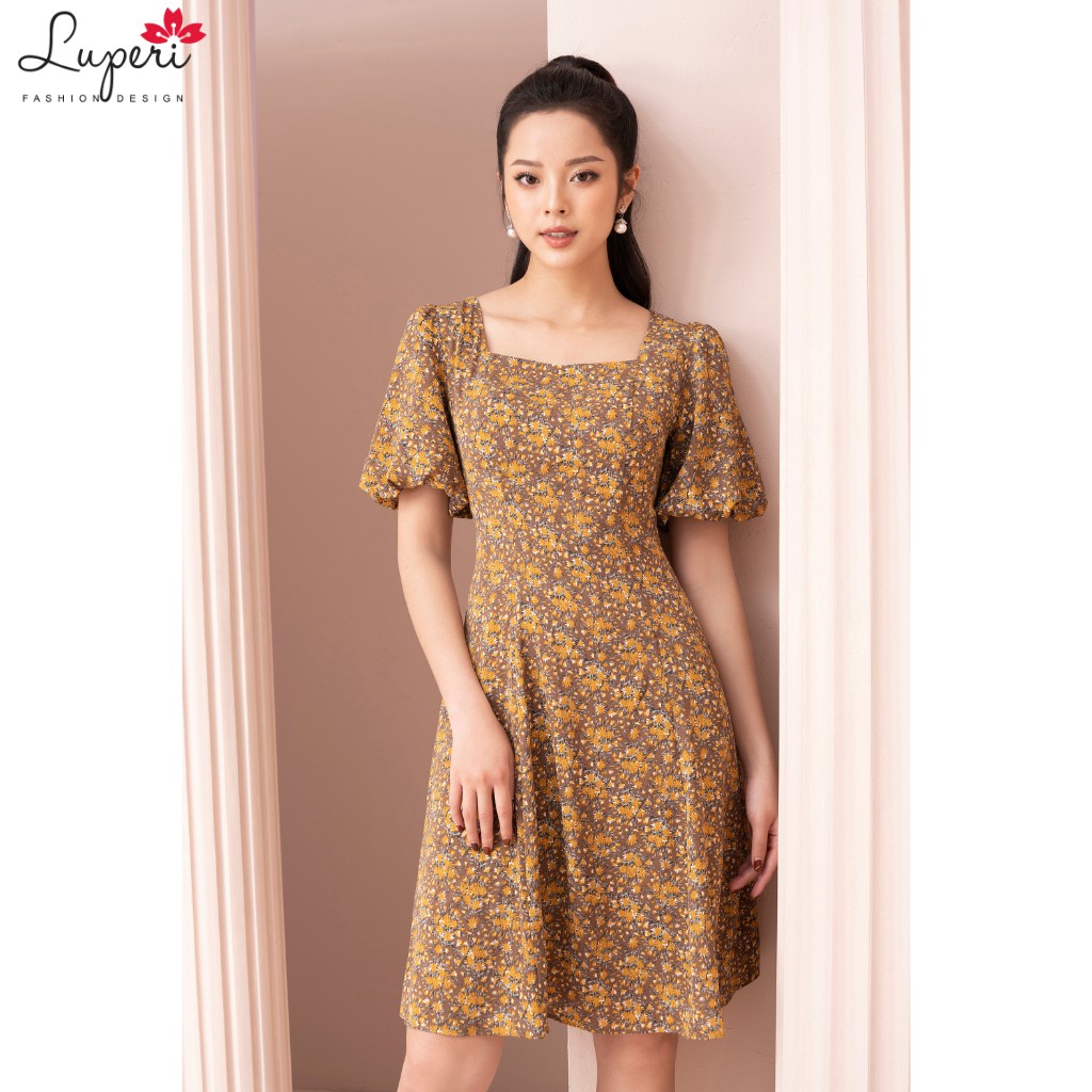 Đầm Hoa Nhí Vintage Dáng Xòe Luperi LFV3266 cổ vuông tay bồng xinh xắn dài đầm qua gối may hai lớp vải mát