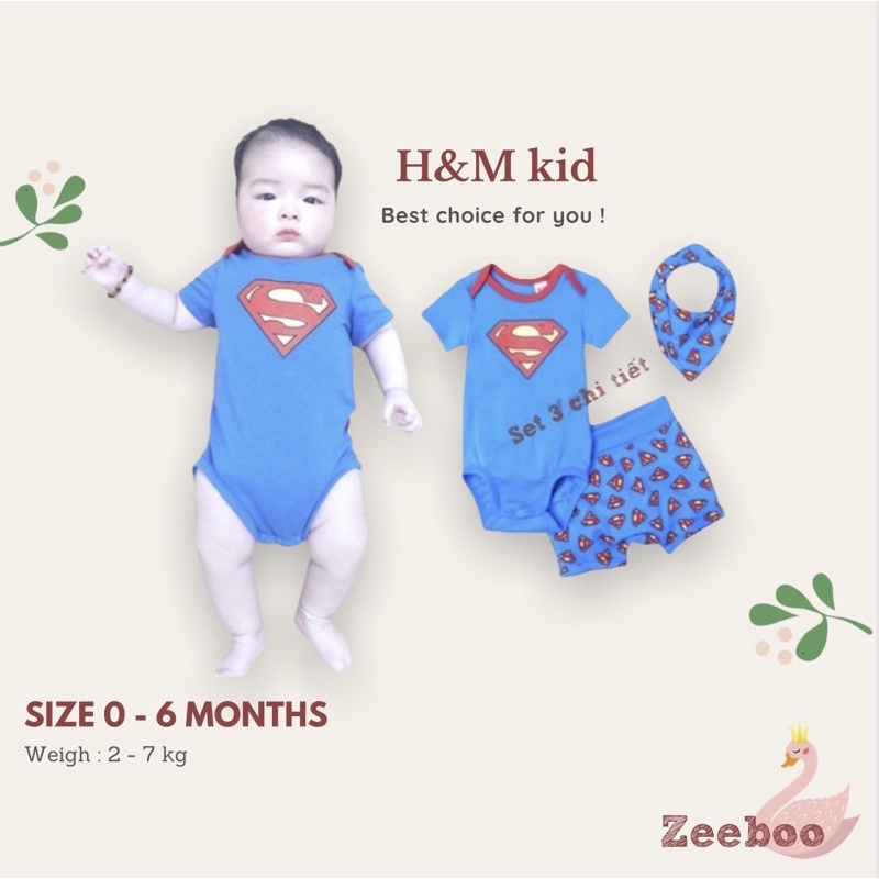 Quần áo trẻ em,Set body chip kèm quần + yếm SUPER MAN, siêu nhân cho bé trai từ 0 đến 6 tháng Hàng HM