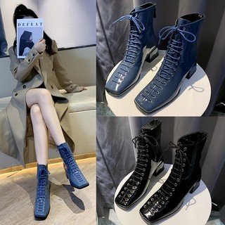 Boots combat/Boots cổ ngắn nữ, đế thấp, thắt dây, gót thô, mẫu phù hợp cho mùa thu đông, kiểu dáng cổ điển