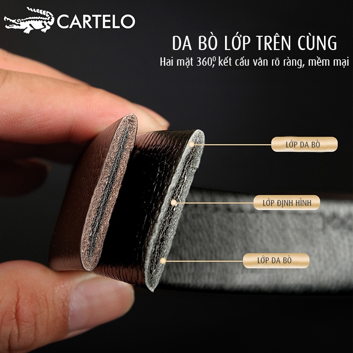 Thắt lưng nam da bò lớp đầu tiên, 2 mặt da cuộn 360 độ, kết cấu vân rõ ràng mềm mại, khoá rút tự động, CARTELO - TL2205