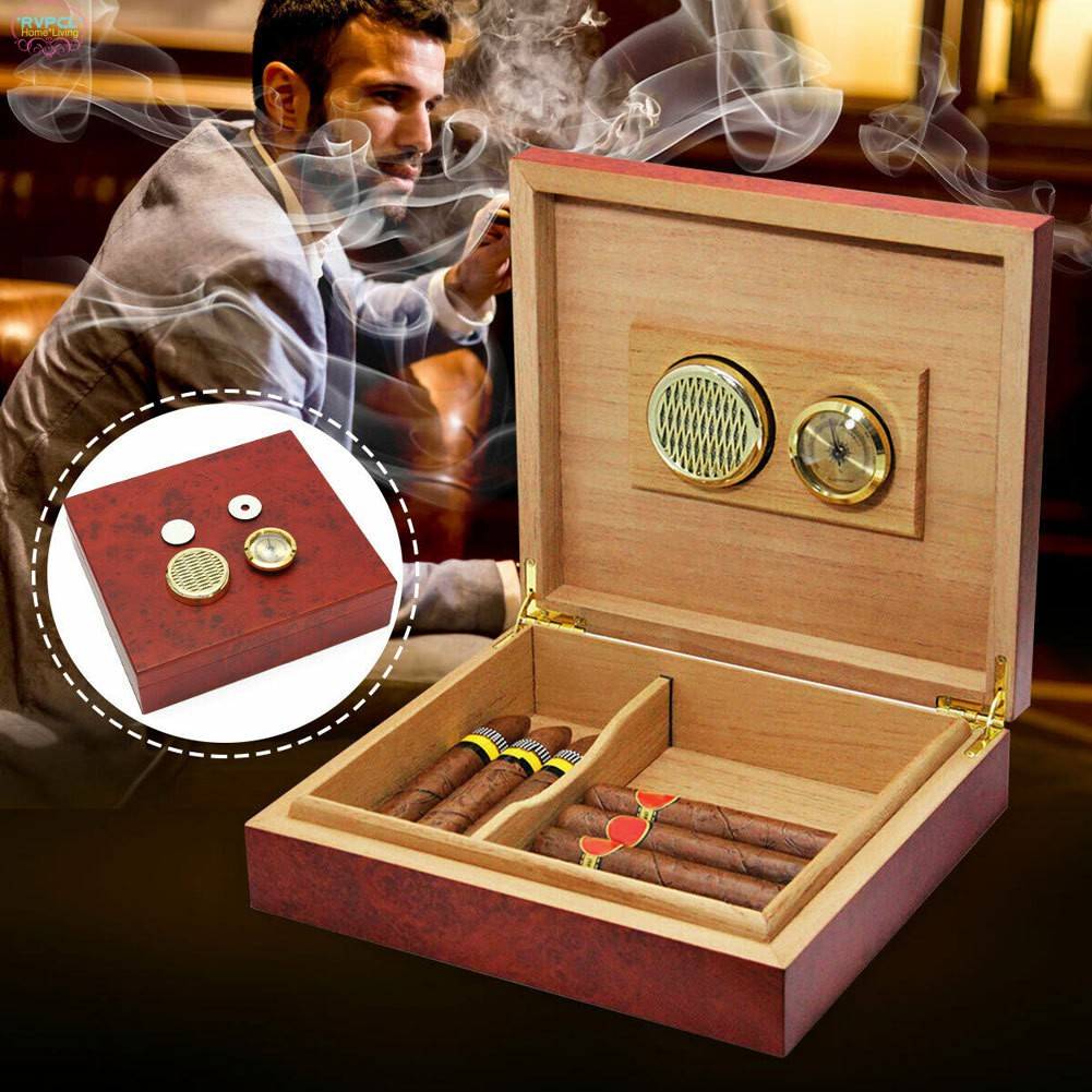 【RVPCL】 Cedar Wood Lined Cigar Humidor Storage Case Box with Humidifier Hygrometer