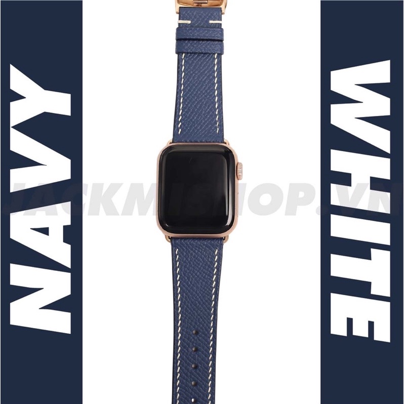 [BẢO HÀNH 1 NĂM] Dây Da EPSOM may tay thủ công màu Xanh Navy chỉ Trắng khóa Bướm cho Apple Watch series 1/2/3/4/5/6/7