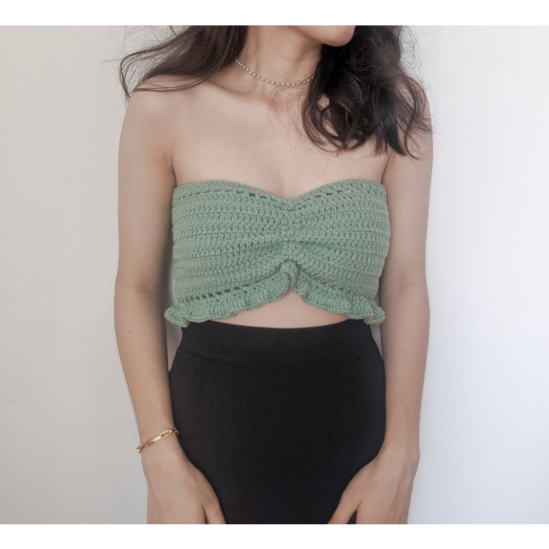 Áo croptop crochet cúp ngực viền bèo MÃ A04, đan dây lưng