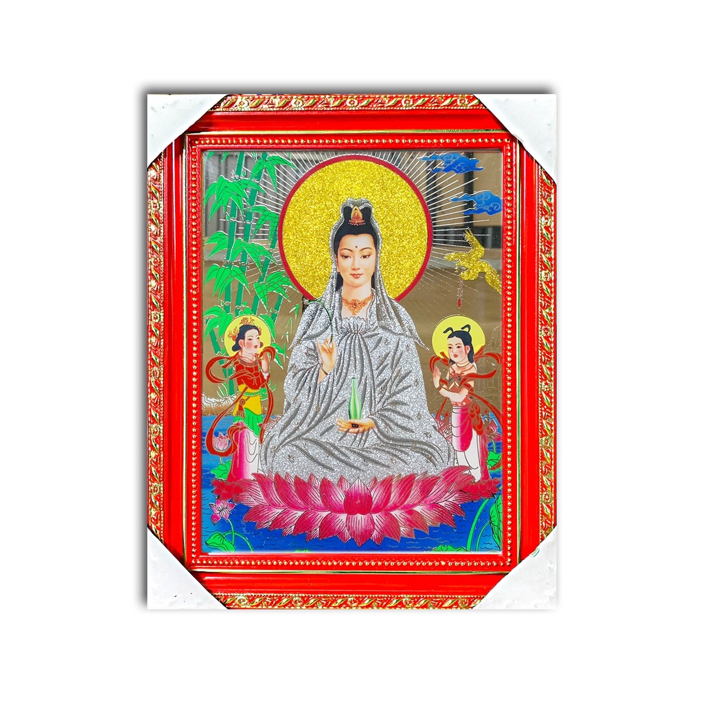 Tranh Kiếng Quan Âm ngồi đài sen - có hầu và không hầu - Nền Gương - Khung gỗ - cao từ 29cm tới 40cm