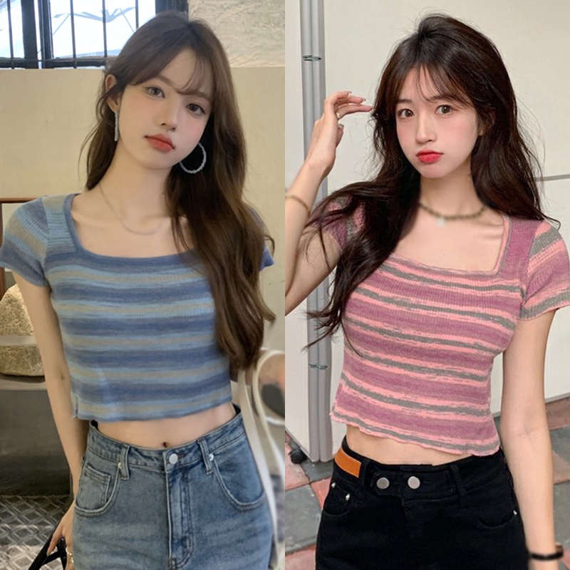 Áo Croptop Tay Ngắn Cổ Vuông Họa Tiết Sọc Ngang Thời Trang Cho Nữ