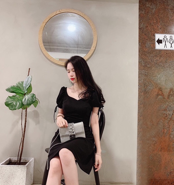 Đầm cổ vuông tim đỏ đen tay nơ - Nemo Dress | BigBuy360 - bigbuy360.vn