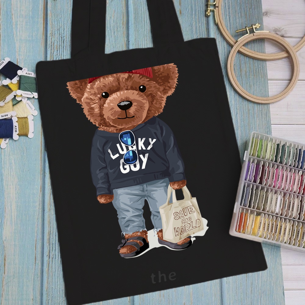 Túi vải, túi Tote (màu đen) TEDDY ART - Mẫu 5 vải canvas dày đẹp cho nữ có khóa miệng đi học đi chơi.