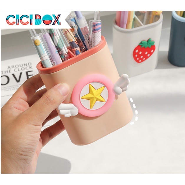 Ống cắm bút  hộp đựng bút 2 ngăn kèm hình dễ thương, ống cắm bút nhựa nhiều màu sắc CICIBOX