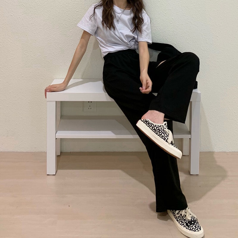 COZOK Quần Thể Thao Lưng Cao Ống Rộng Phối Rách Cá Tính Theo Phong Cách Hàn Quốc