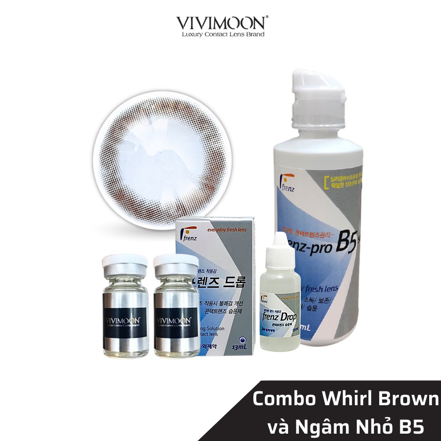 Bộ Kính Áp Tròng Cận Nâu Tự Nhiên Whirl Brown Và Nước Ngâm Lens Nhỏ Mắt Frenz B5