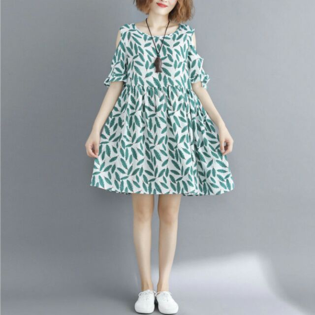 Đầm babydoll khoét tay họa tiết lá xanh, đầm babydoll dáng suông, đầm nữ xinh, đầm suông nữ thời trang
