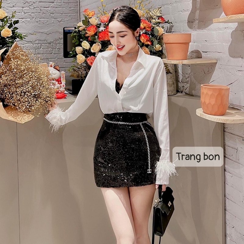 Áo sơmi lụa tay lông vũ