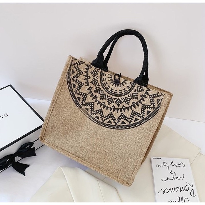 Túi cói hoạ tiết thổ cẩm trống đồng, Túi cói starbucks Túi cói Vintage