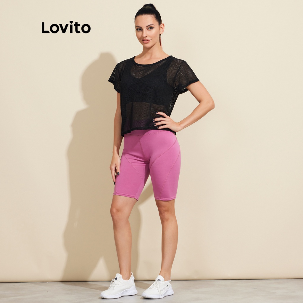 Áo thun Lovito xuyên thấu màu trơn cơ bản thoáng khí phong cách thể thao L18X528 (Màu đen)