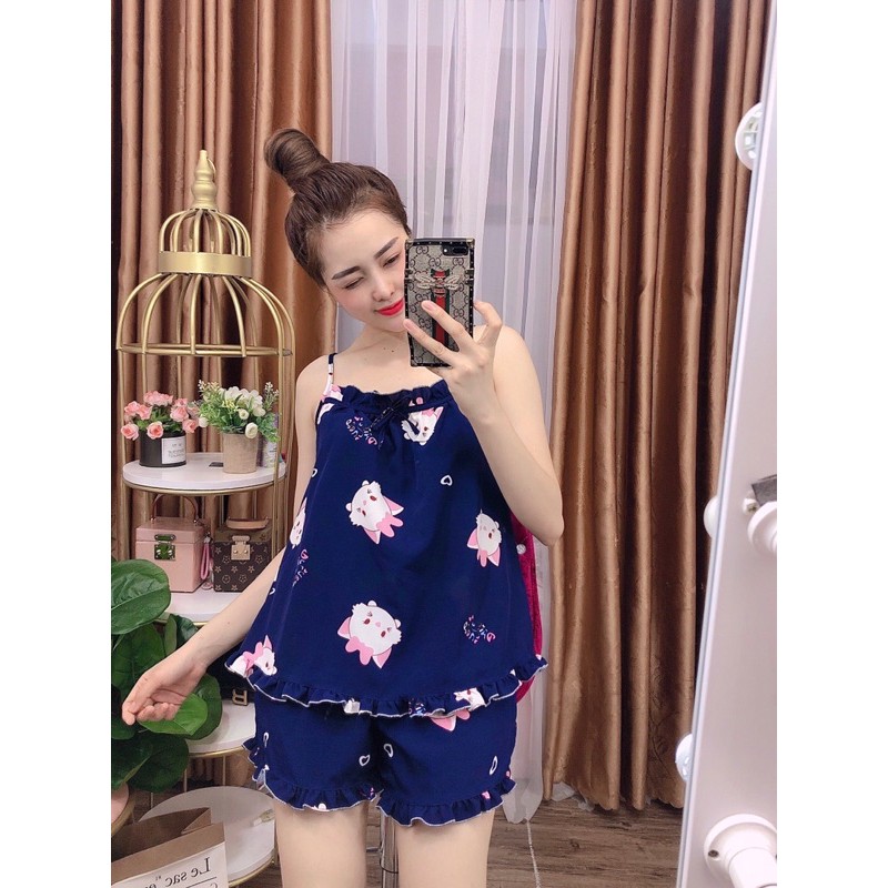 Đồ bộ 2 dây voan lụa viền bèo mặc nhà đẹp