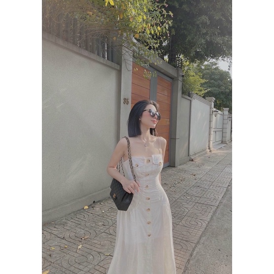 Đầm maxi dây chiết eo dáng xoè