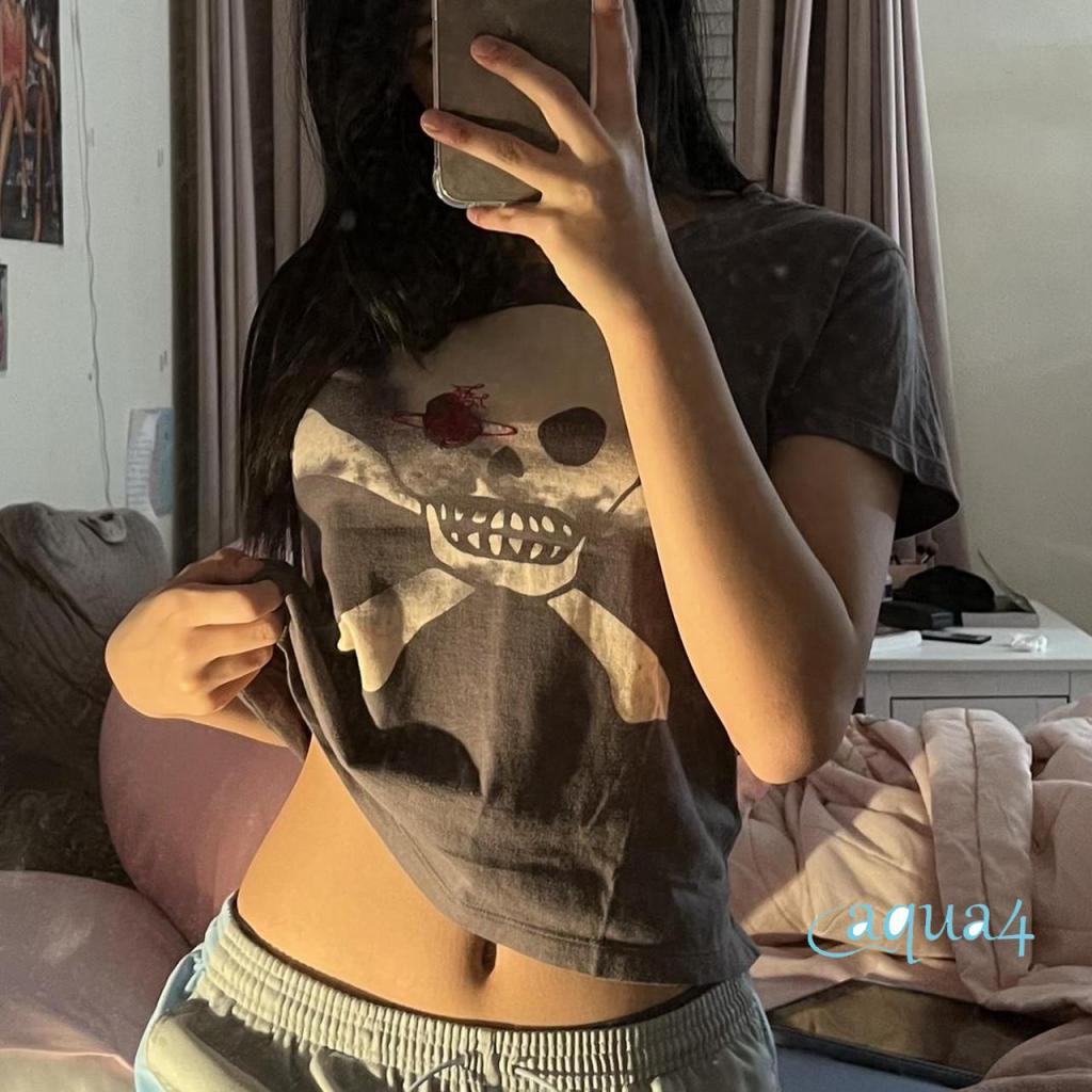 Áo Croptop In Hình Đầu Lâu Phong Cách Gothic Harajuku ANANA-Y2K