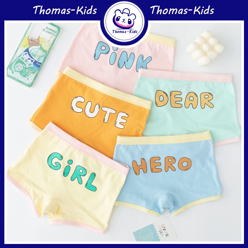 [THOMAS KIDS] 5 cái 3-12 tuổi Đồ lót Boxer trẻ em Bông tinh khiết Tiếng Anh Mẫu bảng chữ cái Quần lót Boxer cho Bé gái Bé trai
