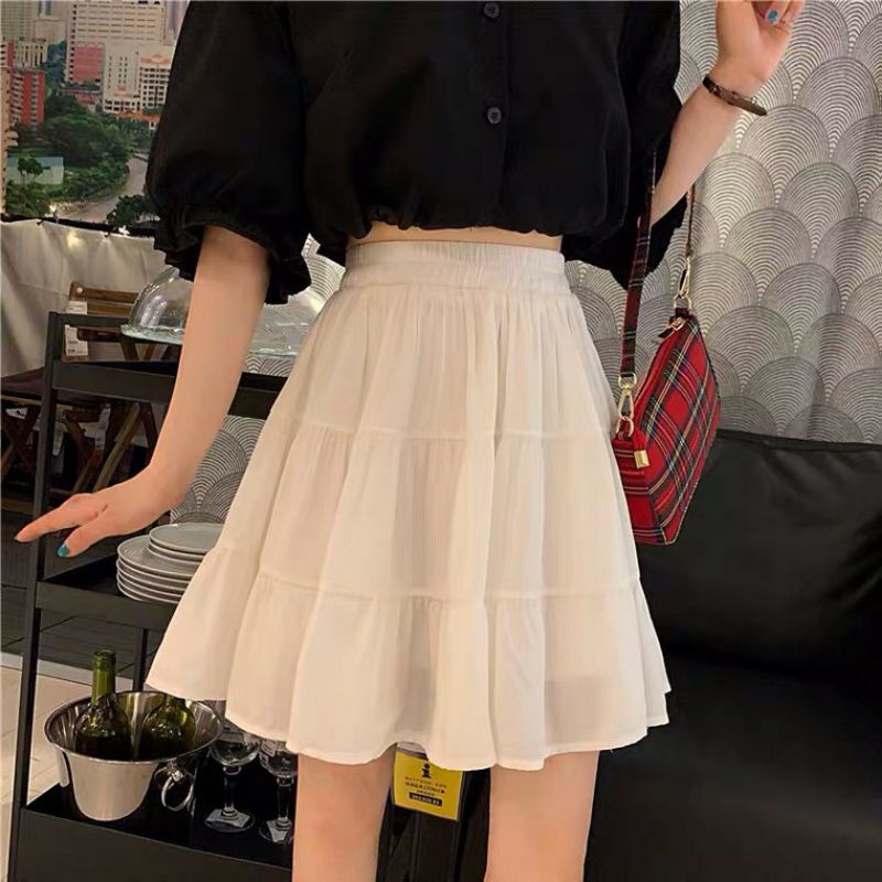 Chân váy ngắn 3 tầng xòe vintage, váy vải  voan có quần trong