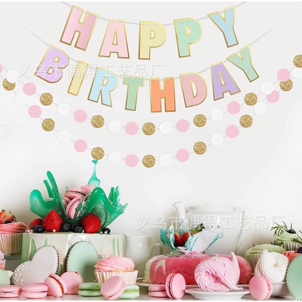 Dây chữ Happy Birthday ép kim viền vàng phụ kiện trang trí sinh nhật phong cách pastel