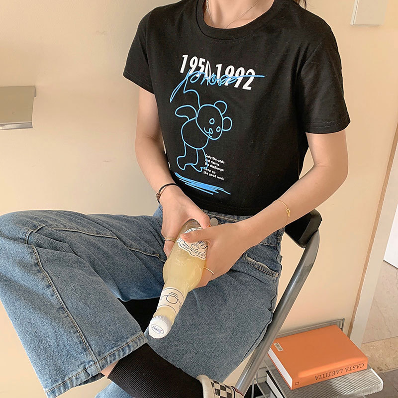 Áo Thun Croptop Ngắn Tay In Hình Gấu Đáng Yêu Phong Cách Hàn Quốc Cho Nữ