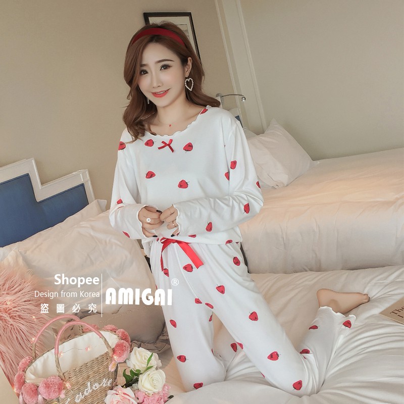 Bộ Đồ Ngủ Vải Lụa Tay Dài Kiểu Hàn Quốc Xinh Xắn Cho Nữ | BigBuy360 - bigbuy360.vn