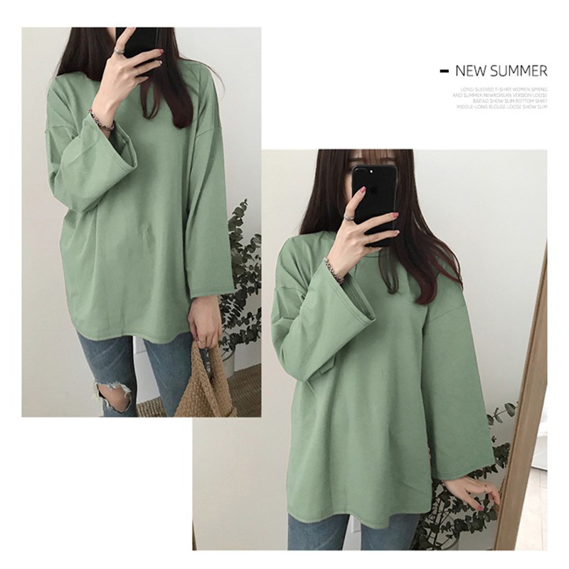 SUXI Áo thun cổ tròn màu trơn dáng rộng cỡ lớn thời trang nữ phong cách Hàn Quốc
