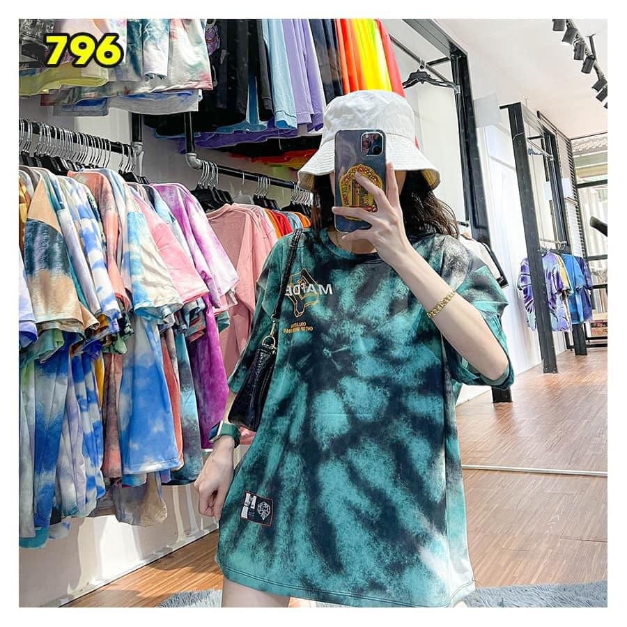 Áo thun nam nữ oversize loang LỐC XOÁY MÈO xanh lá đậm đen