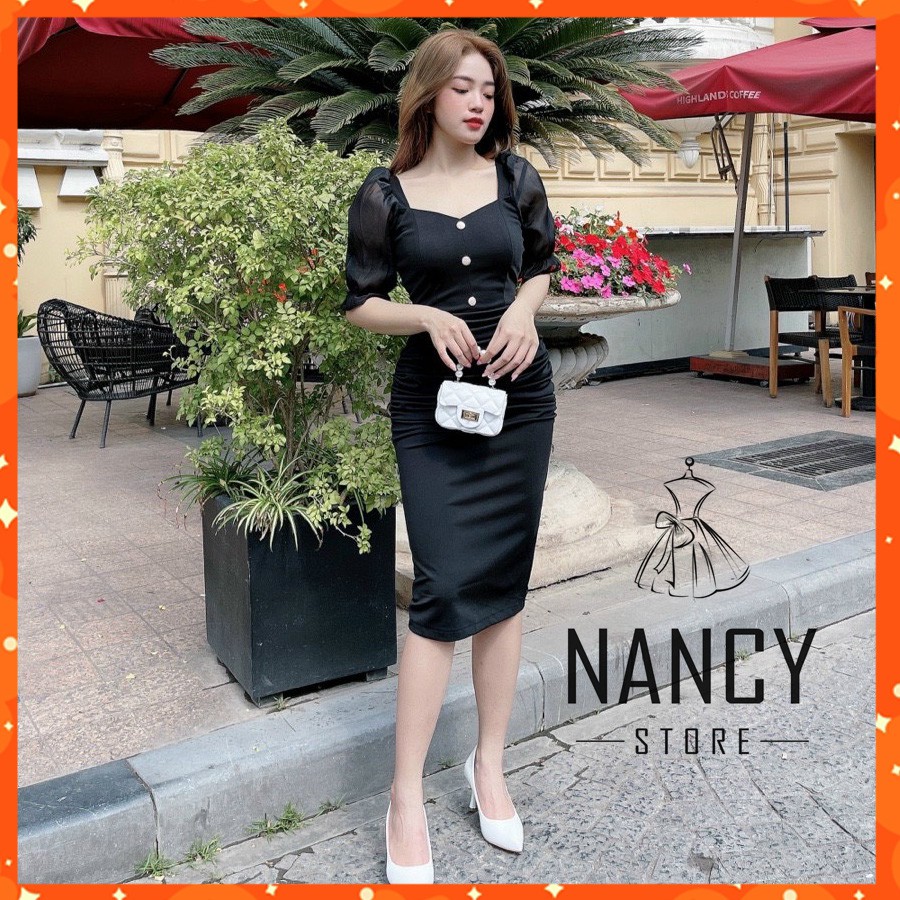 Váy đầm body cao cấp thiết kế cổ vuông tay lửng bồng | BigBuy360 - bigbuy360.vn