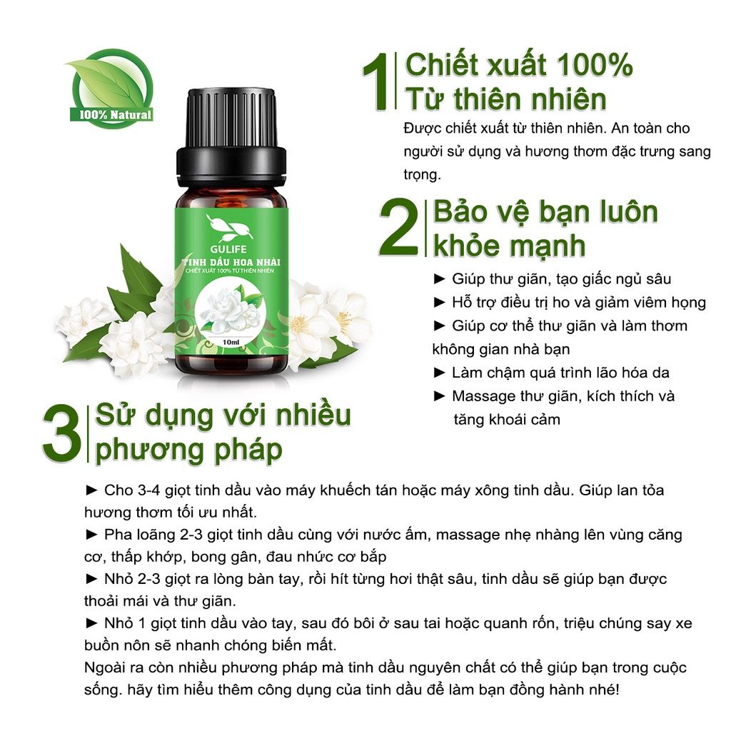 Tinh Dầu Hoa Nhài Chiết Xuất Từ Thiên Nhiên GULIFE - Giảm Căng Thằng, Thơm Phòng &amp; Thư Giãn