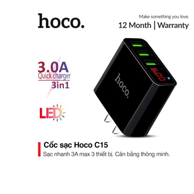 ⚡NowShip Mới⚡ Cốc Sạc 3 cổng USB Hoco C15 / HK1 có màn LED hiển thị Led Chính Hãng Ổn định dòng cho Iphone iPad Android