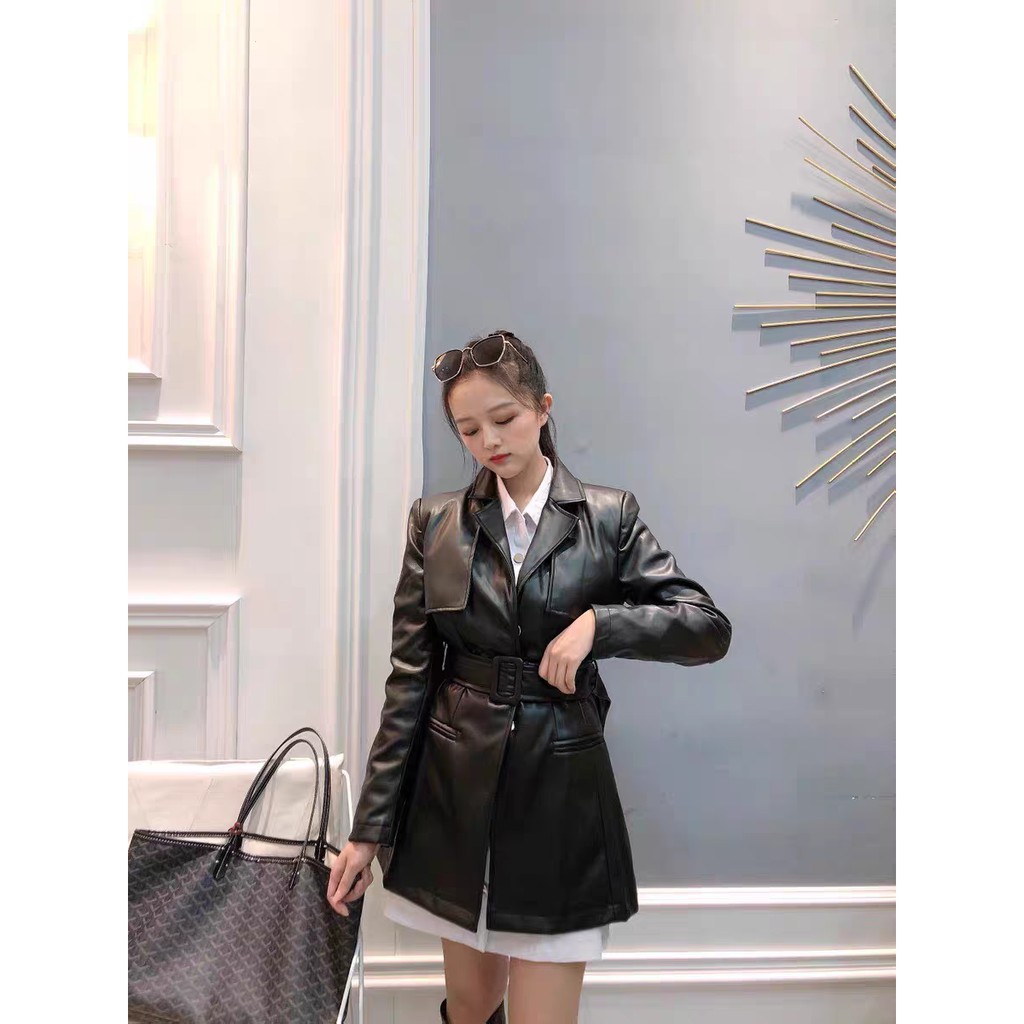 Áo khoác vest da nữ thu đông dáng dài kèm thắt lưng sành điệu