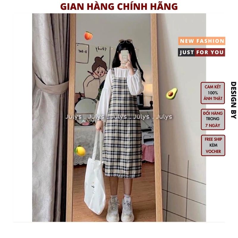 Set váy yếm kẻ 2 dây kèm áo  dáng xòe kiểu dáng ulzaang hàn quốc hot trend