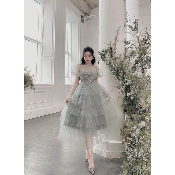 Đầm công chúa kết cườm hoa nổi xếp tầng full size S/M/L/XL