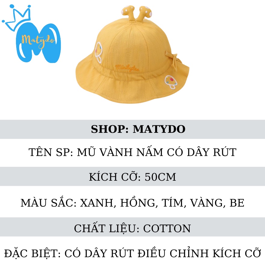 Mũ cho bé gái bé trai nón vành tròn họa tiết nấm có dây rút điều chỉnh phụ kiện trẻ em từ 0-3 tuổi