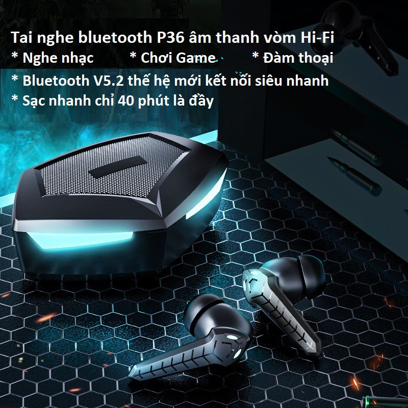 Tai  nghe gaming Bluetooth không dây P36 TWS V5.2 chống ồn, độ trễ thấp kết nối tự động 2 tai, âm thanh vòm Hifi