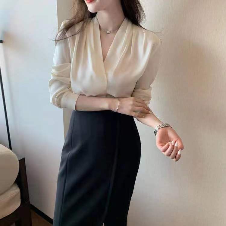 Áo Sơ Mi Chiffon Satin Cao Cấp Tay Dài Cổ Chữ V Phong Cách Thời Trang Xuân Thu Mới 2022