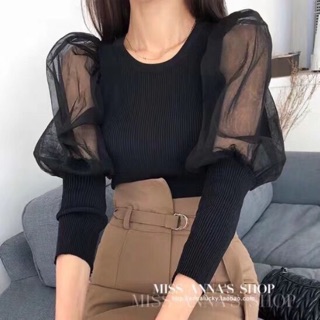 Áo thun gân tay dài phối lưới tay bo siêu đẹp - Kèm hình và clip thật 100%