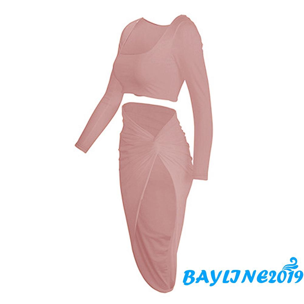 Set trang phục 2 mảnh gồm áo lửng cổ vuông tay dài và chân váy dài xẻ tà tới đùi màu trơn dành cho nữ | BigBuy360 - bigbuy360.vn