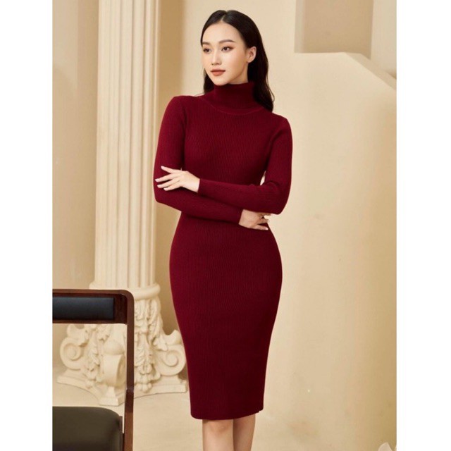 Váy len body cổ lọ xẻ sườn chân 15 phân