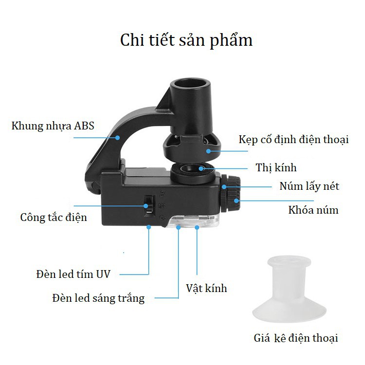 Kính lúp kẹp điện thoại FREESHIP Kính lúp 90X có đèn K77490