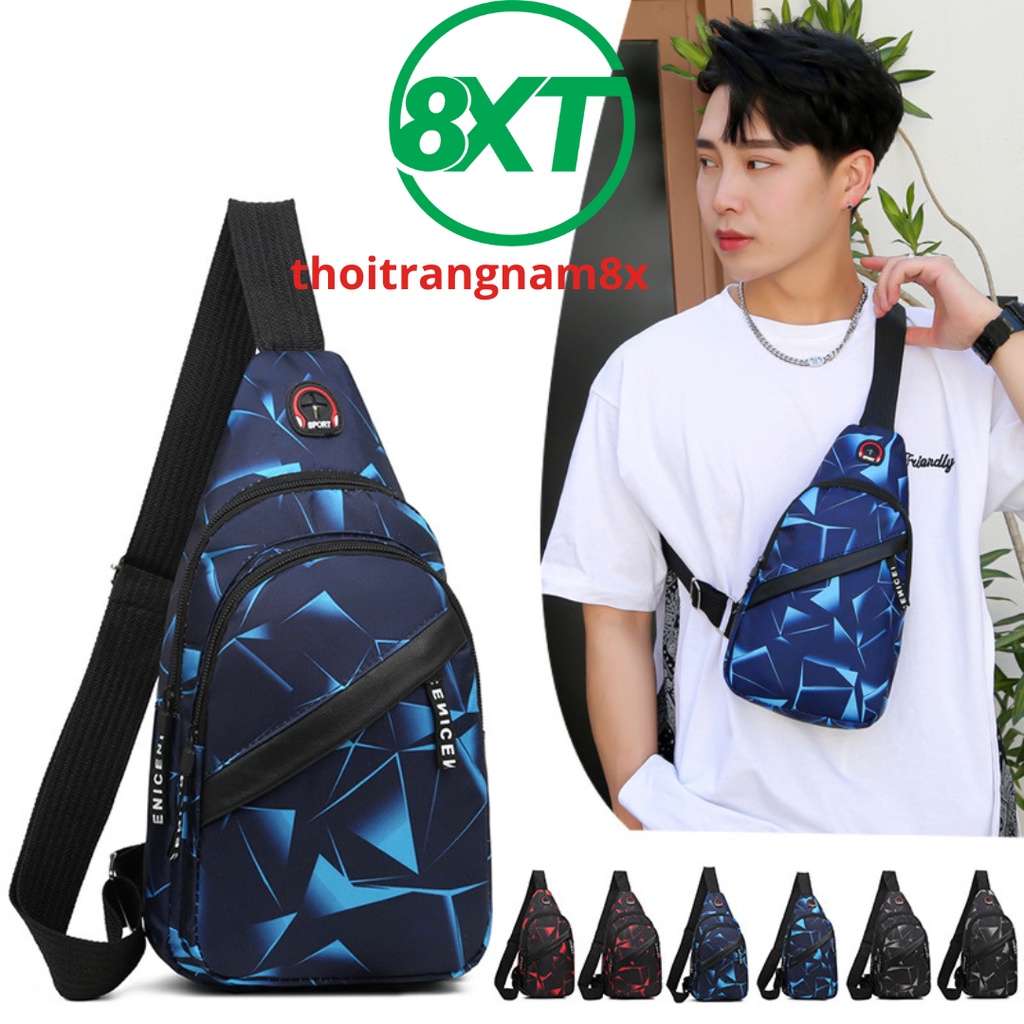 Túi đeo chéo nam nữ phong cách TC08 vải cavas chống nước, họa tiết hình khối, 3 ngăn tiện lợi